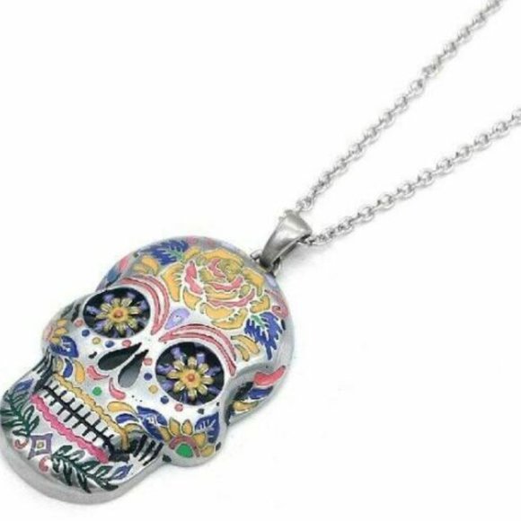 Blue Floral Sugar Skull Necklace w/Swarovski Crystals Length: 28" by Controse - Picture 2 of 4
